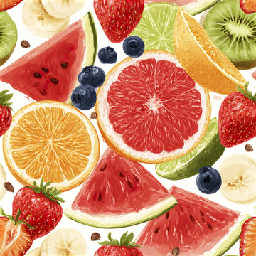 Juicy summer picnic seamless pattern with red watermelon wedge, orange slice, strawberry, blueberry, kiwi, banana, and lime