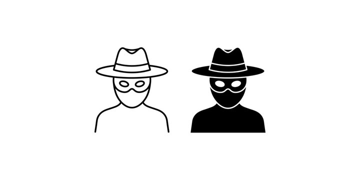 Anonymous detective character icon set with hat and mask in outline and solid black styles for mystery and privacy concepts.