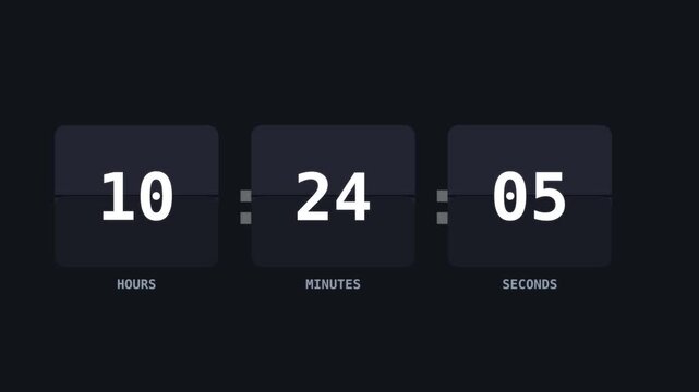 Digital split-flap clock showing hours, minutes and ticking seconds with blinking colons. Seamless loop for countdown, time and schedule visuals.
