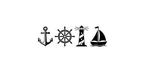Nautical sea voyage symbols with anchor ship wheel lighthouse and sailboat icons on transparent background. © Saba