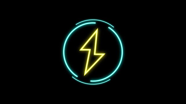 Glowing neon lightning bolt icon inside a circular digital frame