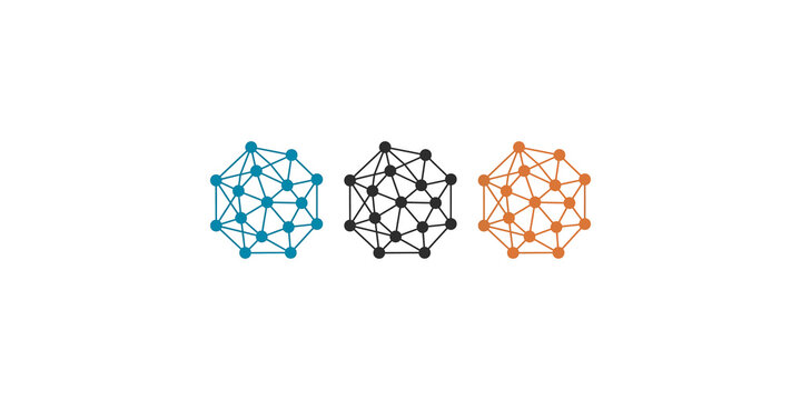 Three geometric interconnected node clusters featuring blue black and orange color schemes for network and communication graphics.