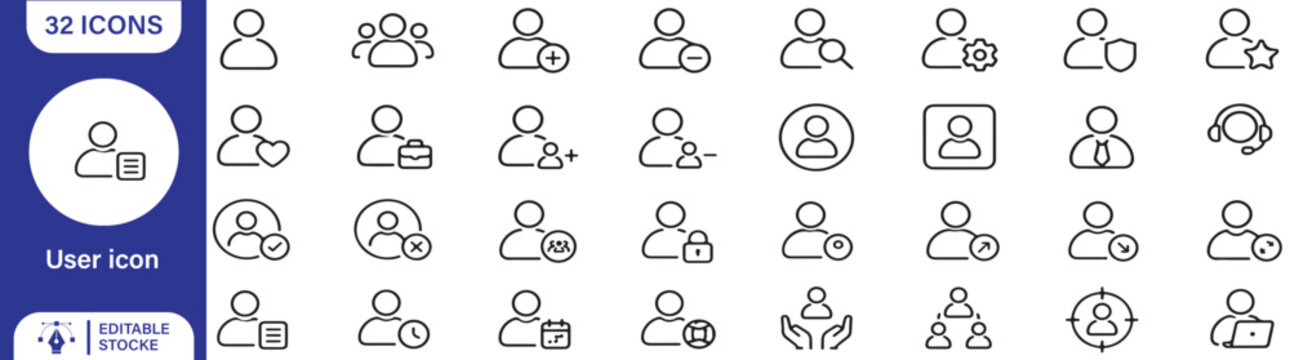 32 User Vector Outline Icons Set &ndash; Profile, Account, Customer, User Management and Personal Identity Line Symbols Collection