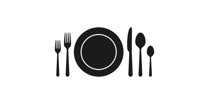 Dining table setting silhouette with plate fork spoon and knife for restaurant menu design.