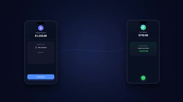High-end commercial motion graphic illustrating a digital money transfer between two smartphones. A financial amount transforms into a luminous payment packet, travels through a curved data channel, d
