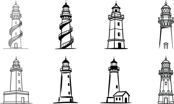 Coastal beacon maritime watchtower icon set featuring architectural lighthouse structures spiral staircases and seaside navigation towers