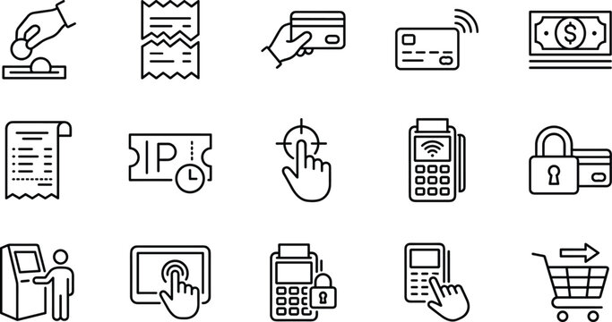 Financial transaction retail payment vector icon set featuring credit card terminal atm receipt cash and shopping cart