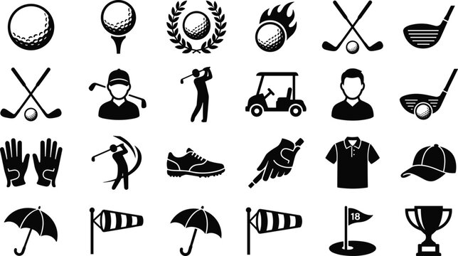 Golf sport tournament gear vector silhouette icon set featuring clubs ball cart player flag trophy and apparel