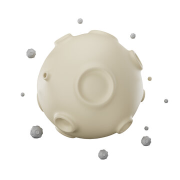 3D Illustration Beige Moon Planet with Craters and Floating Asteroids Space Object, 3D Space Exploration Illustration