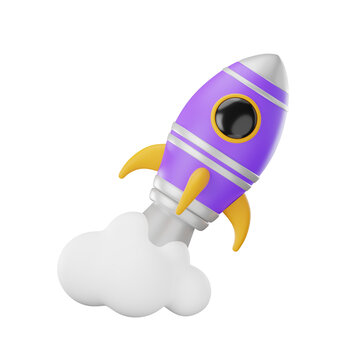 3D Render Purple Rocket Ship Launching with Cloud Smoke Space Exploration Icon, 3D Space Exploration Illustration