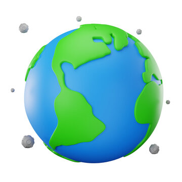 3D Render Planet Earth Globe World with Orbiting Asteroids Space Icon, 3D Space Exploration Illustration
