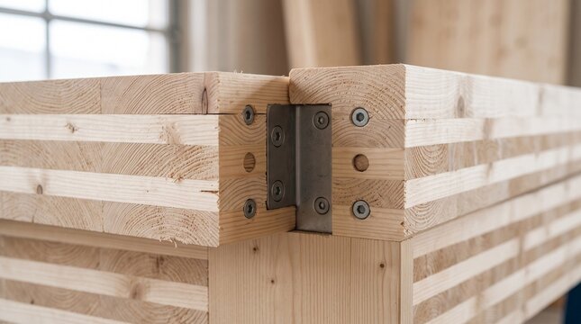 Close-up of engineered cross-laminated timber panels connected with hardware