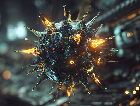 Abstract spiky metallic virus cell with glowing orange spikes in dark background.