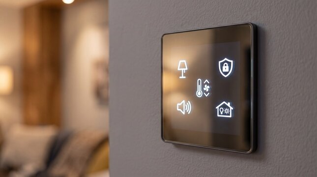 Smart home control panel with touch screen interface mounted on wall