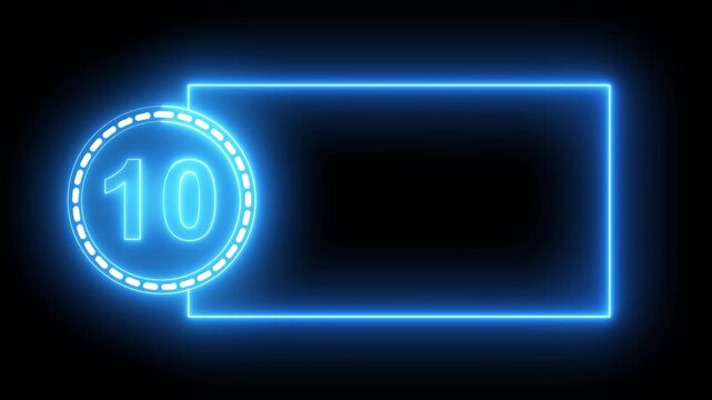 Blue Neon Number 10 Inside Circle With Rectangular Frame On Black Background ten digit.4k animation motion grafice veido....