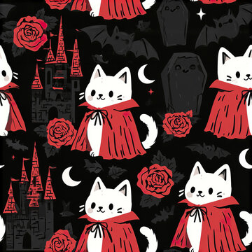 Cute white cat dressed as vampire with red cape, black castle, bats, roses, and moon in spooky Halloween pattern