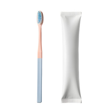 Pastel toothbrush paired alongside blank white toothpaste packaging mockup isolated cleanly upon pure white studio background showcasing essential daily dental hygiene tools for personal care product.