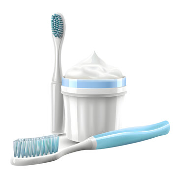 Modern white and blue toothbrushes displayed alongside a small plastic container filled with creamy toothpaste creating a clean dental care vector illustration set against a simple isolated plain back