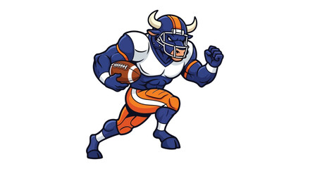 Obraz premium Bull mascot character wearing football gear and holding a ball while running aggressively forward.