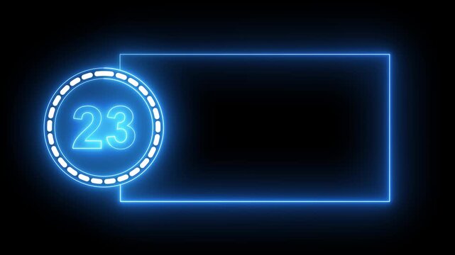 Blue Neon Number 23 Inside Circle With Rectangular Frame On Black Background twenty three digit.4k animation motion grafice veido....