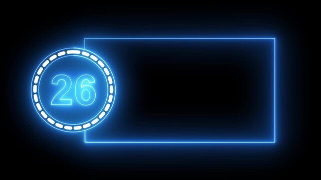 Blue Neon Number 26 Inside Circle With Rectangular Frame On Black Background twenty six digit.4k animation motion grafice veido....