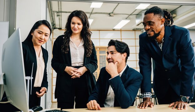 Colleagues with diverse skills and backgrounds convene around a desktop computer for a productive meeting. Their teamwork, discussion, and leadership contribute to successful marketing strategies.