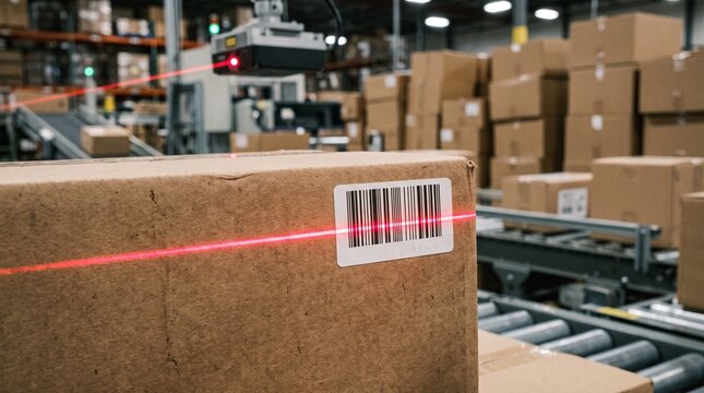 Automated barcode scanner reading package label on a warehouse conveyor belt