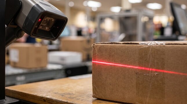 Automated barcode scanner reading package box with red laser beam in warehouse