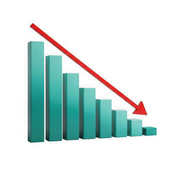 Cyan bar chart showing a downward trend with a red arrow indicating decline