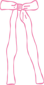 Simple hand drawn pink bow with long flowing ribbons isolated on white background graphic illustration