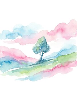 An abstract pastel watercolor landscape features soft washes of pink, blue, and green, suggesting rolling hills and clouds in a serene dreamscape, gentle, soft, imaginative