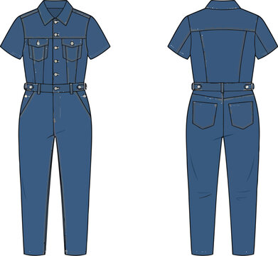 Front and back view of a blue denim jumpsuit with short sleeves, collar, button closure, belt, and pockets, flat technical fashion drawing illustration