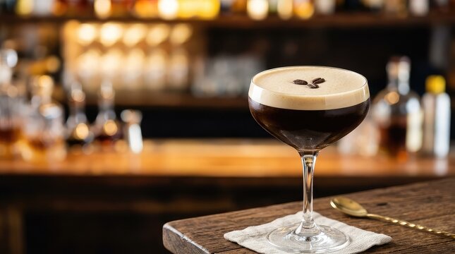 An energizing espresso martini featuring rich, dark liquid is served in a coupe glass with a dense, creamy foam head topped with three coffee beans, ingredient, garnish, tasty