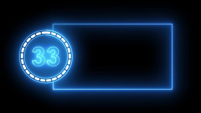 Blue Neon Number 33 Inside Circle With Rectangular Frame On Black Background thirty three digit.4k animation motion grafice veido....