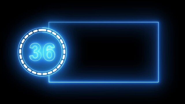 Blue Neon Number 36 Inside Circle With Rectangular Frame On Black Background thirty six digit.4k animation motion grafice veido....
