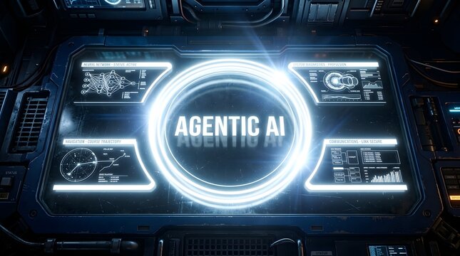 Futuristic Spaceship Console Interface Displaying Agentic AI Technology HUD with Neural Network Status, Propulsion Diagnostics, and Navigation Course Trajectory in a Sci-Fi Cockpit Setting