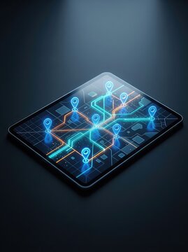 An illuminated digital map on a glowing screen shows multiple location pins connected by data lines for SEO positioning services optimization, search results, digital marketing, targeted audience