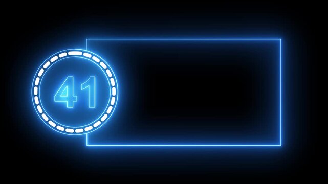 Blue Neon Number 41 Inside Circle With Rectangular Frame On Black Background forty one digit.4k animation motion grafice veido....