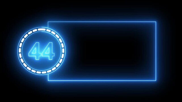 Blue Neon Number 44 Inside Circle With Rectangular Frame On Black Background forty four digit.4k animation motion grafice veido....