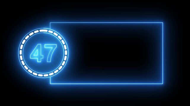 Blue Neon Number 47 Inside Circle With Rectangular Frame On Black Background forty seven digit.4k animation motion grafice veido....