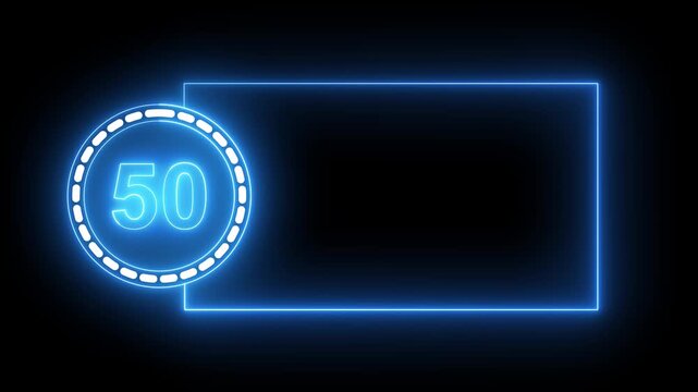 Blue Neon Number 50 Inside Circle With Rectangular Frame On Black Background fifty digit.4k animation motion grafice veido....