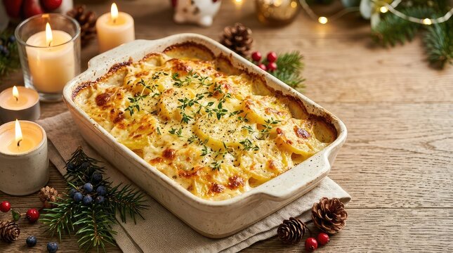 Bubbling golden brown potato gratin with melted cheese and fresh thyme is presented in a ceramic dish among warm candles and festive holiday decorations, pinecones, homemade, close-up