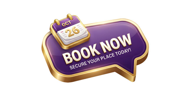 Purple speech bubble with date marker urging immediate booking