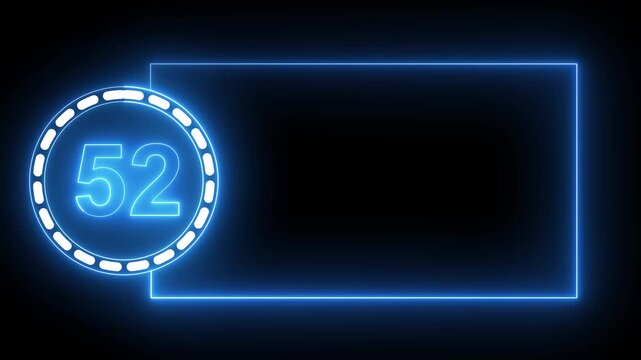 Blue Neon Number 52 Inside Circle With Rectangular Frame On Black Background fifty two digit.4k animation motion grafice veido....