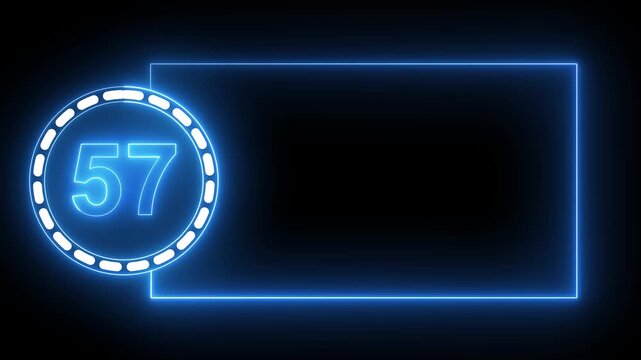 Blue Neon Number 57 Inside Circle With Rectangular Frame On Black Background fifty seven digit.4k animation motion grafice veido....