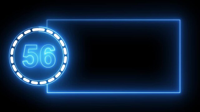 Blue Neon Number 56 Inside Circle With Rectangular Frame On Black Background fifty six digit.4k animation motion grafice veido....