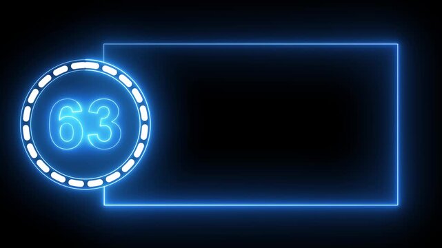 Blue Neon Number 63 Inside Circle With Rectangular Frame On Black Background sixty three digit.4k animation motion grafice veido....