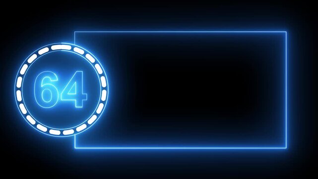 Blue Neon Number 64 Inside Circle With Rectangular Frame On Black Background sixty four digit.4k animation motion grafice veido....