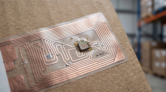 RFID smart label with copper antenna circuit stuck on cardboard box