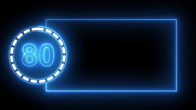 Blue Neon Number 80 Inside Circle With Rectangular Frame On Black Background eighty digit.4k animation motion grafice veido....